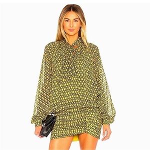 NWT L’Acadamie Yellow and Black Printed Long Sleeve ruched Mini Dress